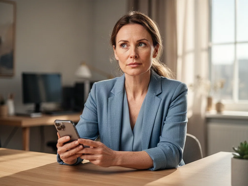 Kobieta zamyślona nad smartfonem przy biurku, symbolizująca proces zarządzania finansami online.