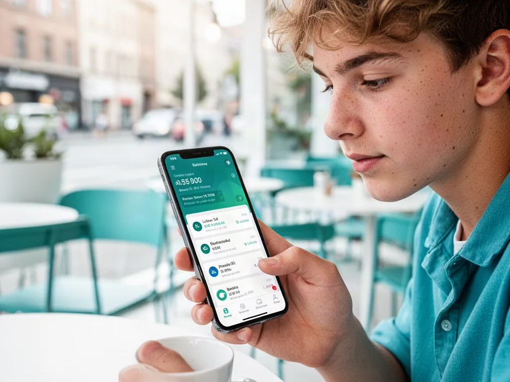 Nastolatek sprawdza aplikację bankową na smartfonie w nowoczesnej kawiarni.