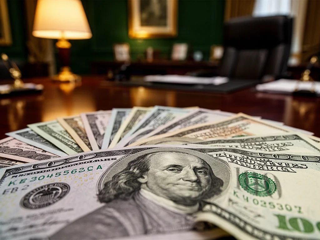 Wachlarz banknotów dolarowych rozłożony na eleganckim, drewnianym biurku w profesjonalnym biurze.